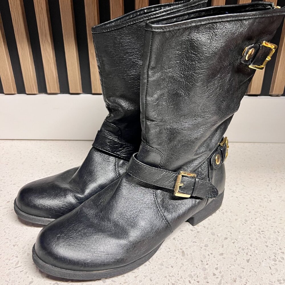 Steve Madden Enngage Black Leather Mid Calf Boots Moto Style Gold Women's Size 8